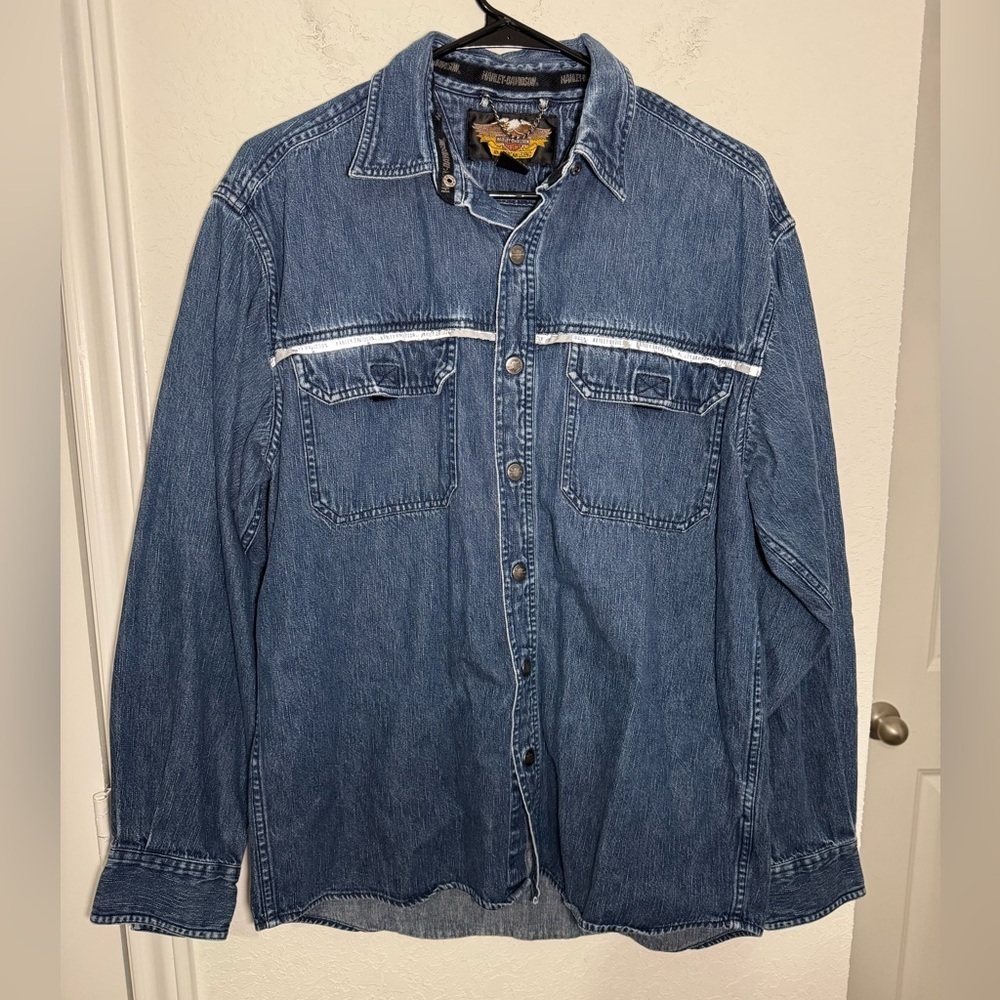 Harley Davidson Denim Shirt Mens Medium Snap Down Vintage Biker Jean Jacket
